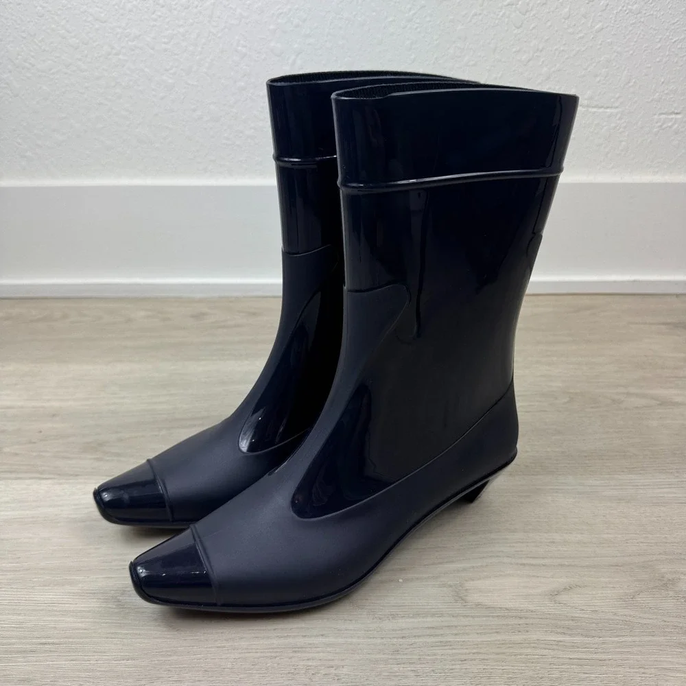 Jeffrey Campbell Kitten Heel Rain Boots Womens 6 Navy Cap Toe Waterproof